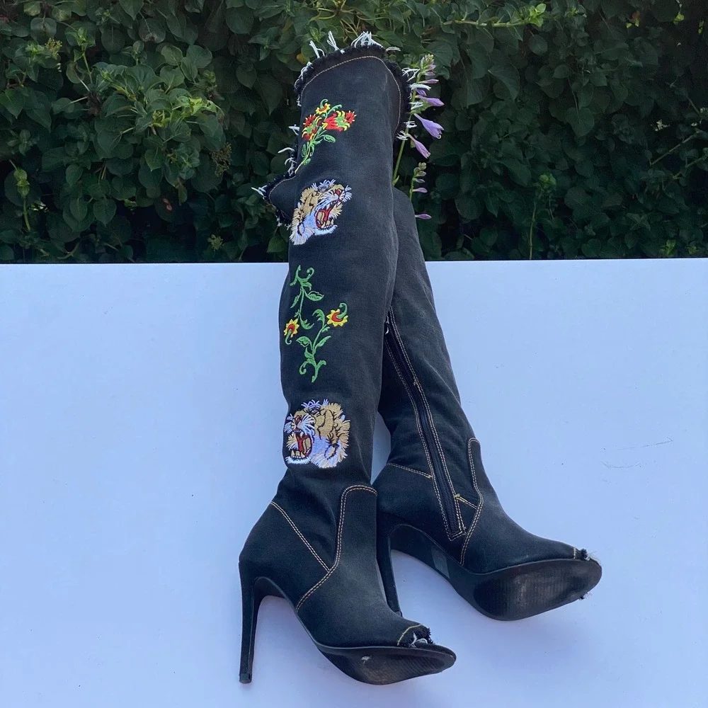 Edgy Indie Sleaze Black Denim Over The Knee Boots Tiger Floral Embroidered - 6M